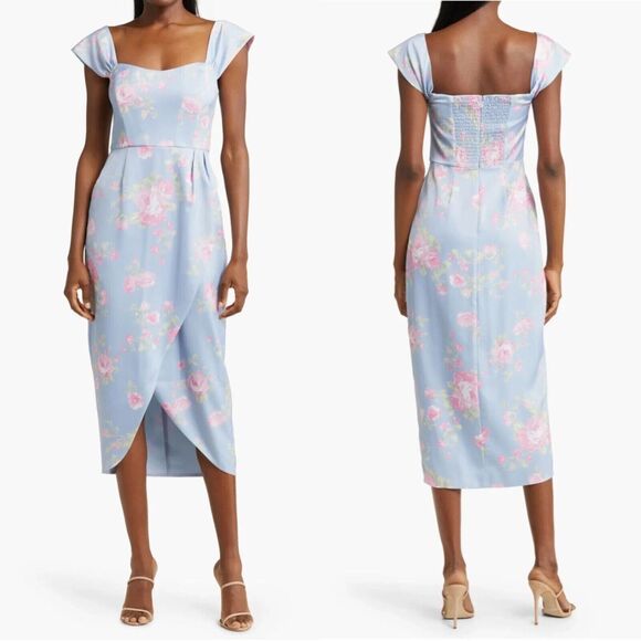 Wayf Dress L Large Sky Blue Satin Floral Gail Corset Bodice Tulip Hem Cocktail - Picture 1 of 8